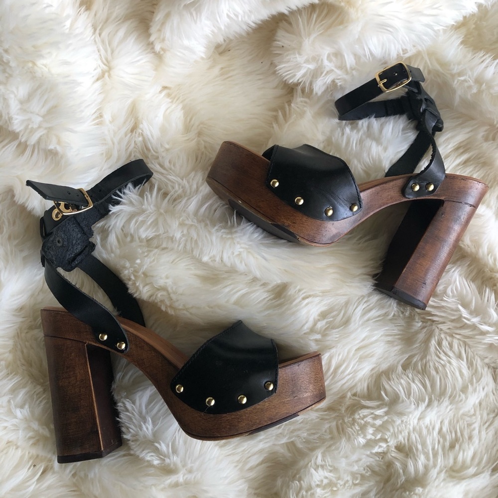 Aldo black leather and wood block heels